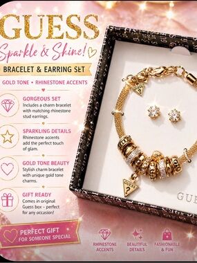 Guess Gold Tone Charm Bracelet & Stud Earrings Set – Rhinestone Charm Jewelry